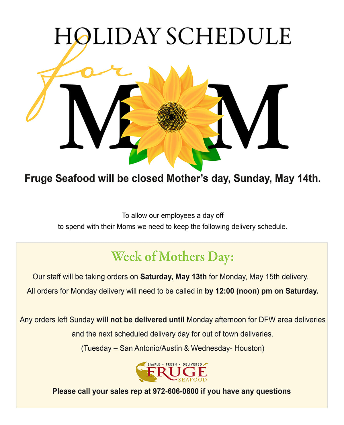 Mother’s Day Delivery Schedule