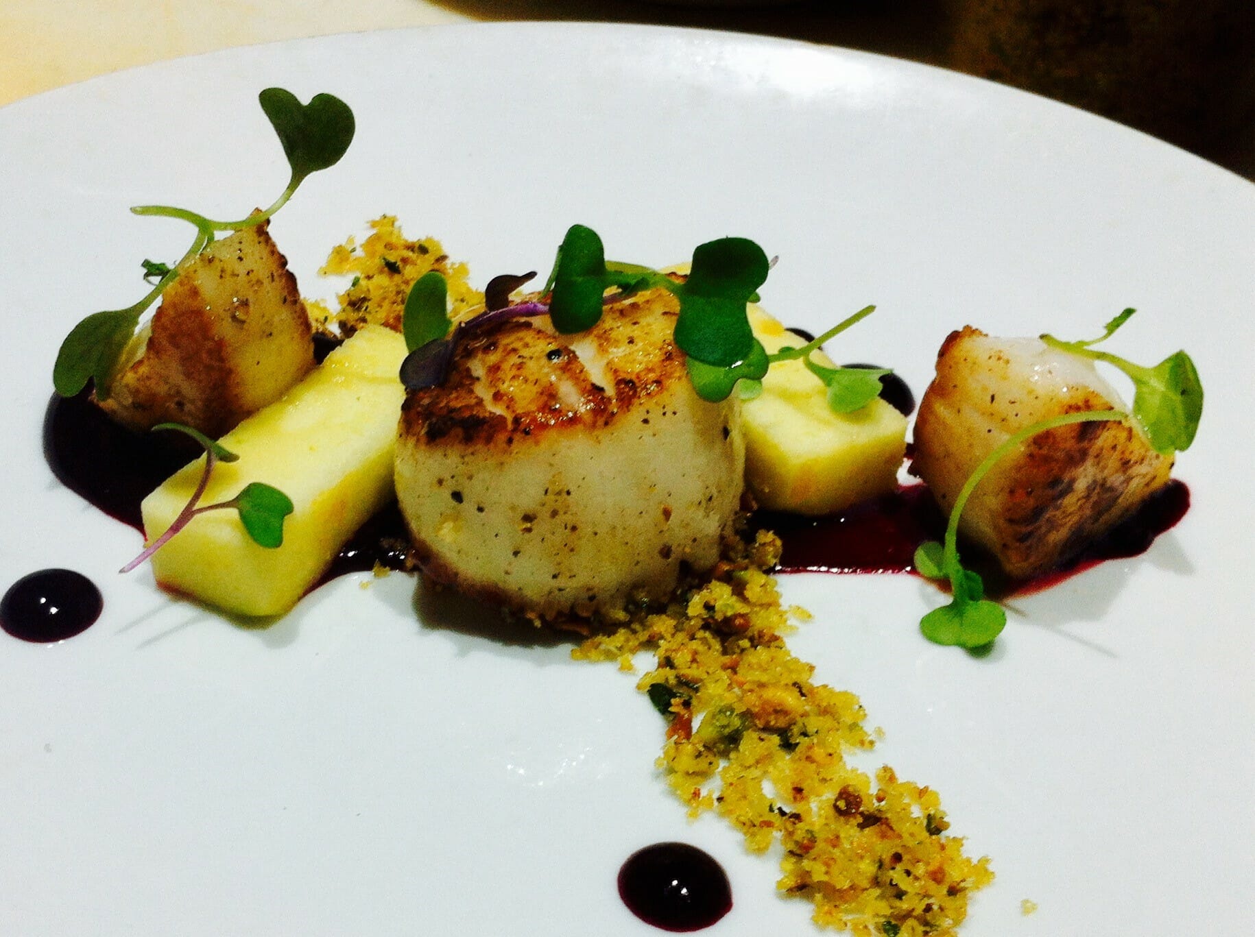 Seared Scallops with Port Wine Beer Purée, Compressed Apple, Grated Walnut and Micro Broccoli